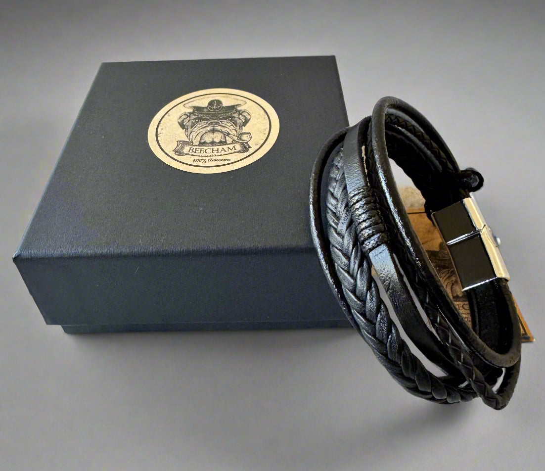 Stylish men's bracelet. Presented in a Beecham gift box brought to you by kenny k. Black with Silver Clip Leather Nickel and Lead Free.