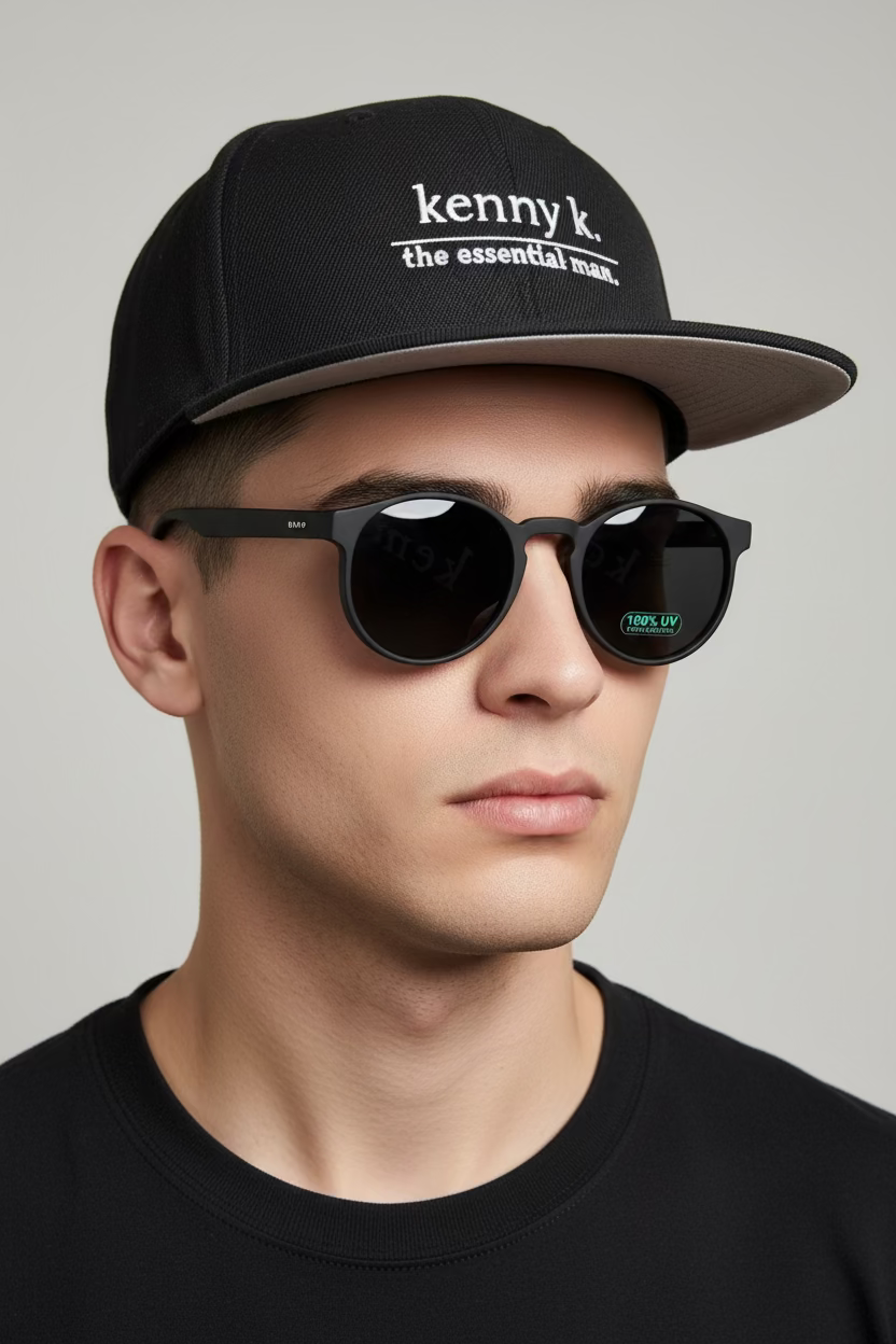 Mannequin head wearing a black cap with 'kenny k' branding and black sunglasses.