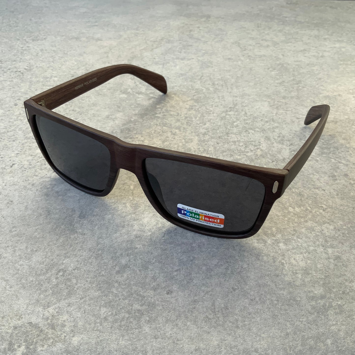 Wayfarer Style. Square Dark Wood Look, Polarized.