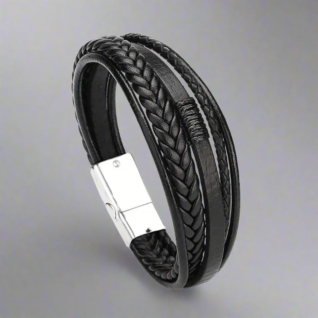 Stylish men's bracelet. Presented in a Beecham gift box brought to you by kenny k. Black with Silver Clip Leather Nickel and Lead Free.