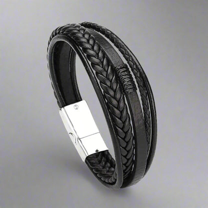 Stylish men's bracelet. Presented in a Beecham gift box brought to you by kenny k. Black with Silver Clip Leather Nickel and Lead Free.