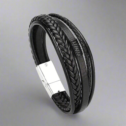 Stylish men's bracelet. Presented in a Beecham gift box brought to you by kenny k. Black with Silver Clip Leather Nickel and Lead Free.