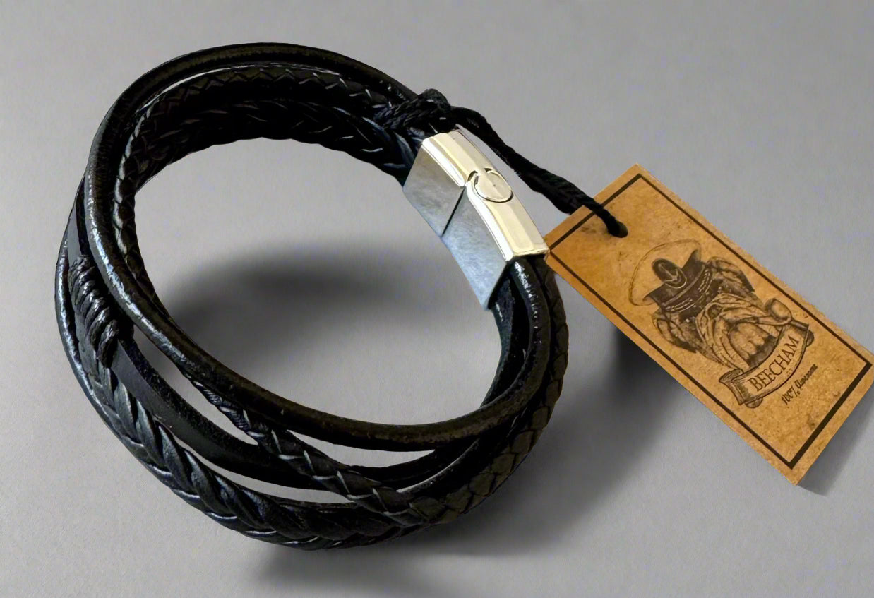 Stylish men's bracelet. Presented in a Beecham gift box brought to you by kenny k. Black with Silver Clip Leather Nickel and Lead Free.