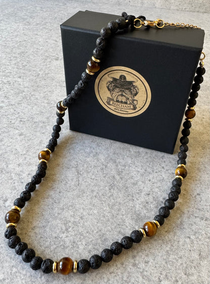 Beecham necklace brought to you by kenny k., &nbsp;the perfect gift for the laid-back guy in your life! This necklace is not only awesome, it's an awesomely fashionable way to show off his style. Presented in a Beecham gift box. Tigers Eye Lava Stone.