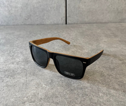Wayfarer Style. Black and Light Wood Look, 100% UV Protection.