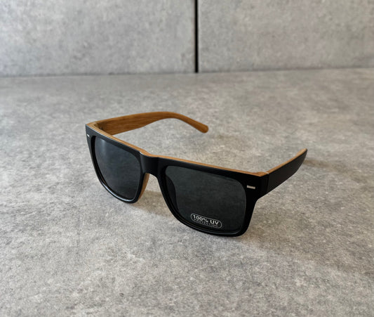 Wayfarer Style. Black and Light Wood Look, 100% UV Protection.