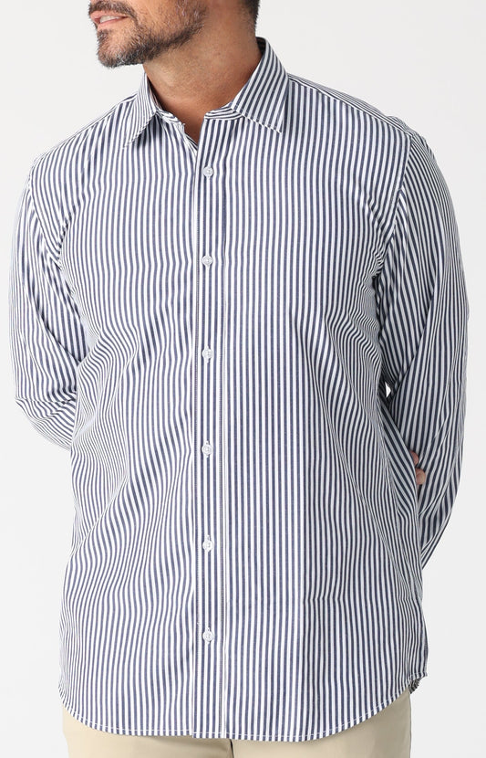 The Howard Hudson Liberty Business Dark Blue Stripe. A light cotton blend that is perfect for under a jacket or in warmer climates. &nbsp;

60% Cotton
40% Polyester
Easycare&nbsp;
